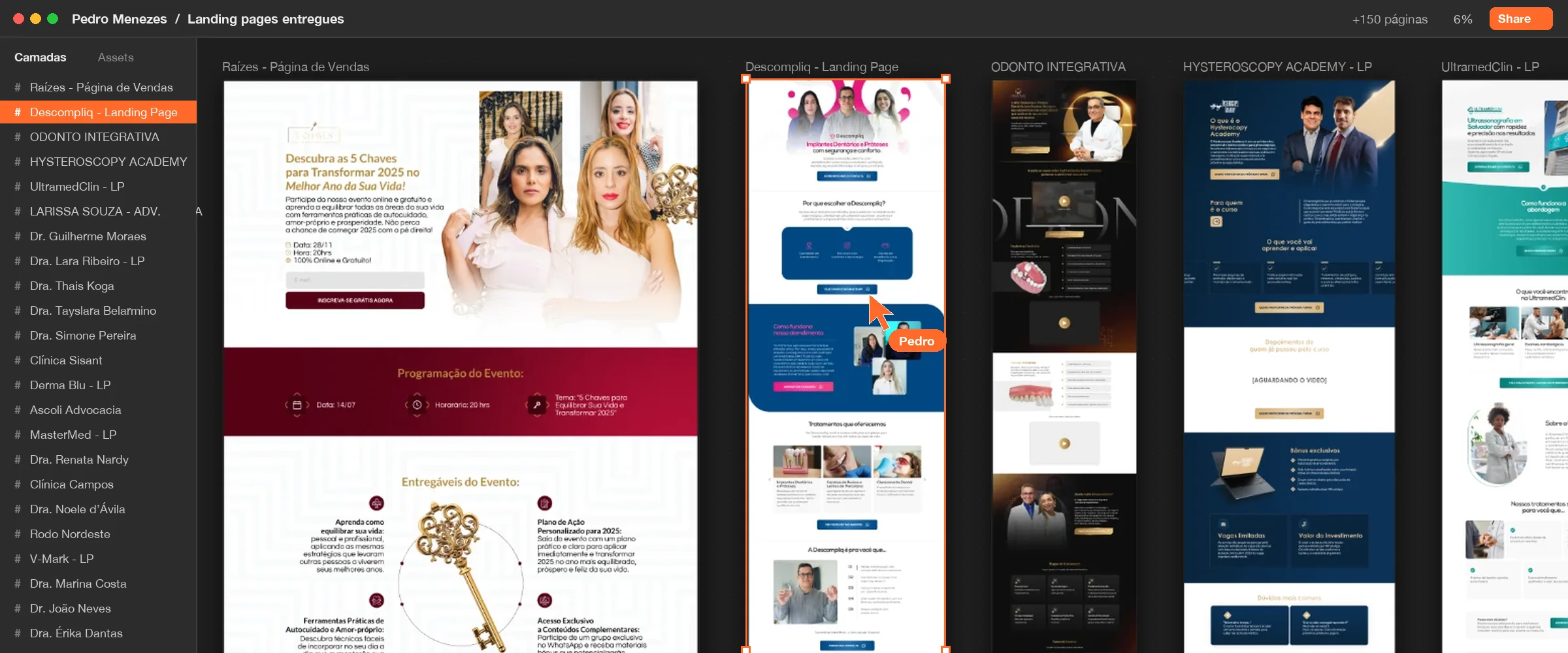 O Figma do Pedro com landing pages entregues para clientes